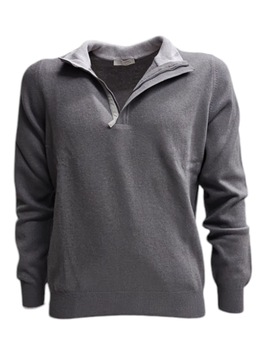 -30% Gran Sasso Lupo Zip Grigio Fumo in Cashmere e Lana c/profili  e toppe in alcantara