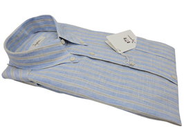 -50% Ingram Camicia In Puro Lino Riga Azzurro e Beige