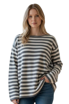 Girocollo Donna  Rigato Pura Lana Punto Stoffa Bianco/Grigio