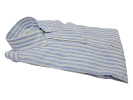 -50% Ingram Camicia In Puro Lino Riga Bianco e Azzurro