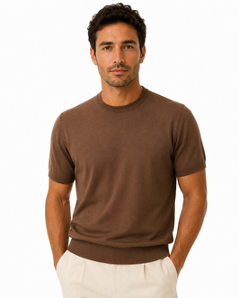 Maglia Girocollo Uomo in Seta e Cotone Made in Italy Tabacco