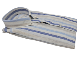 -40% Ingram Camicia Uomo in pregiato filato di puro lino riga bianco/celeste/nocciola/jeans