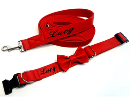 Hundehalsband mit 2m Leine Set, bestickt, mit Schleife, Kunstleder Rot
