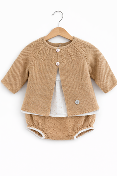 VISI 3-teiliges Babyset in Beige mit Strickjacke, Bluse und Bloomer Nr.OMS26/20