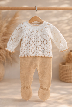 Felicia Preemie-Set in ivory mit beigen Muster–2-teilig Nr.876