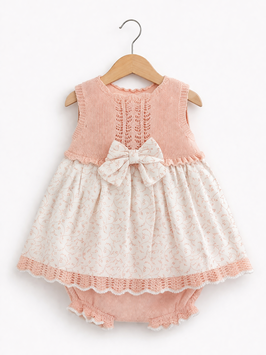 VISI Babyset in Rosa mit Strickoberteil, Schleife und Bloomer Nr.OMS26/25