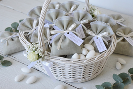 Ballotin lin vert roseau pour dragées - ruban satin blanc
