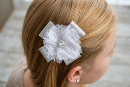 Barrette cheveux fleur argenté dentelle communion