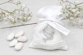 Pochon dragées colombe argenté tissu double gaze blanc - baptême communion profession de foi