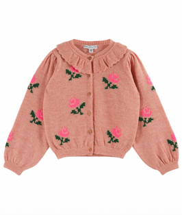 EMILE & IDA Cardigan col volanté fleurs rose