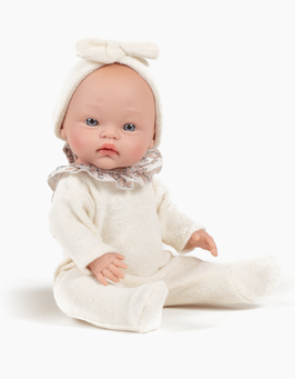 Minikane cuties / Dors bien Camille en éponge écru avec collerette Alma et son headband
