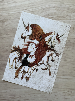 carte postale licorne rousse "licornes, charmes & sortilèges"
