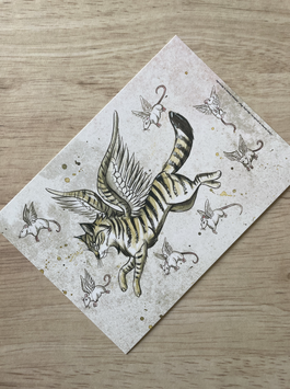 carte postale "chats, charmes & sorcelleries" chat et souris volantes