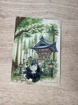 carte postale "le grimoire des esprits japonais" kitsune et temple