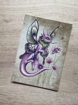 carte postale "le grimoire des dragons fées"dragon mauve cosmos