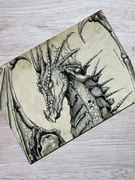 carte postale dragon noir et blanc "le grimoire des dragons"
