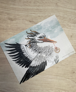 carte postale "le grimoire des créatures alsaciennes" cigogne