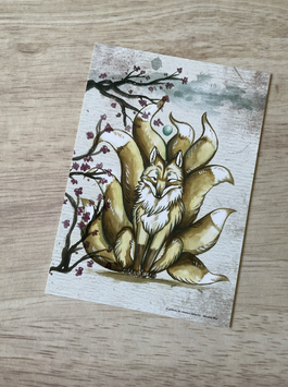carte postale "le grimoire des créatures japonaises" kitsune roux