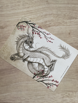 carte postale dragon noir et blanc "le grimoire des dragons, voyage en Asie"
