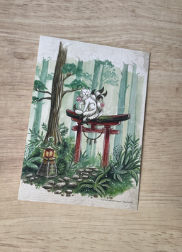 carte postale "le grimoire des esprits japonais" kitsune sur son torii