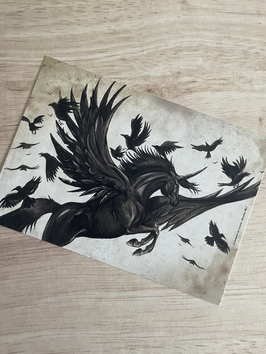 carte postale licorne noire ailée "le grimoire des licornes"