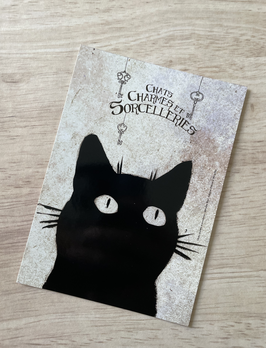carte postale "chats, charmes & sorcelleries" chat noir tête