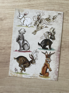 carte postale "le grimoire des étranges créatures" lapins cornus