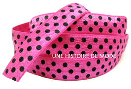 Ruban élastique fuchsia imprimé pois noirs - 15 mm - EL31