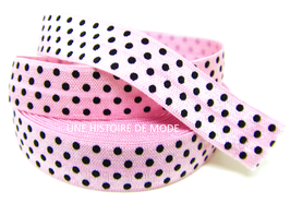 Ruban élastique rose à pois noirs  - 15 mm