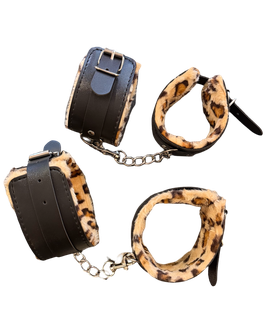 Bondage - Hand/Fuss-Fessel Set - Schwarz/Leopard Plüsch