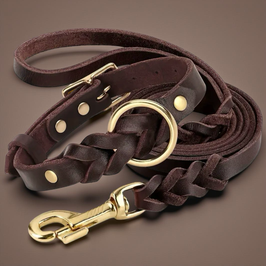 Hundeleine inkl. Hundehalsband - Leder Braun