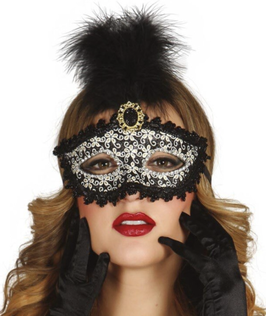 Maschera nera con fiori bianchi e piuma