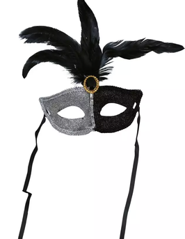 maschera nera e argento con piume