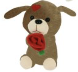 Peluches a forma di cane con rosa tra le zampe