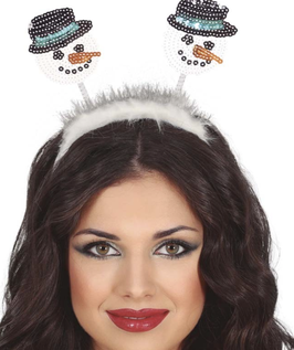 Cerchietto Antenne Pupazzo di Neve con Piume e Paillettes