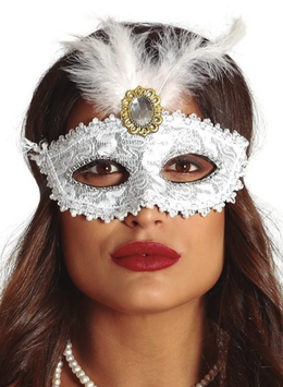 Maschera argentata con piuma