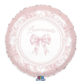 Palloncino in Foil 18" Nascita Rosa con Fiocco Vintage "Benvenuta"