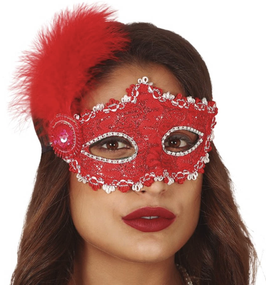 maschera rossa con piuma