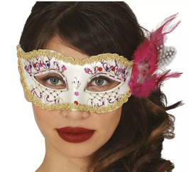 Maschera bianca con piuma fucsia