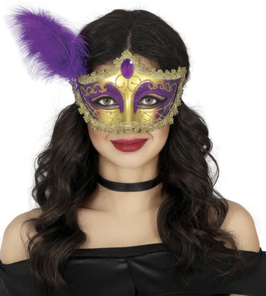 maschera veneziana oro e viola con piuma