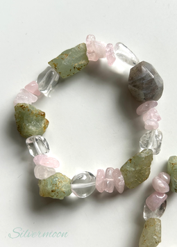 Armband Aquamarin, Bergkristall, Rosenquarz, Labradorit