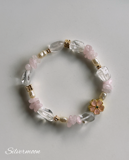 Armband Rosenquarz, Bergkristall, Süsswasserperlen, gold