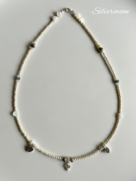 zarte Kette Elfenbein Fossil Jaspis, Perlmutt, Süsswasserperlen, Silber