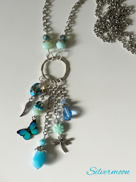Kette silbern, Schmetterling, Libelle, blau