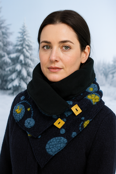 Walkschal Wollschal Kurzschal knöpfbar blau gelb Wallis