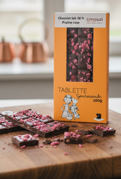 Tablettes de chocolat lait 38% praline rose 100g