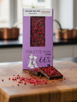 Tablettes de chocolat noir 66% framboise 100g