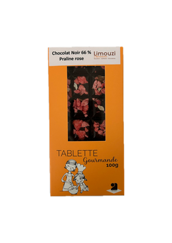 Tablettes de chocolat noir 66% praline rose 100g