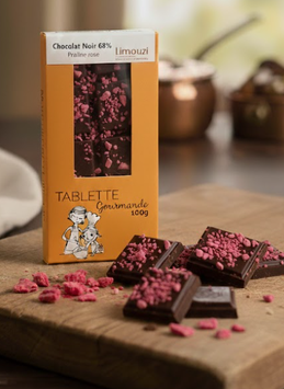 Tablettes de chocolat noir 66% praline rose 100g