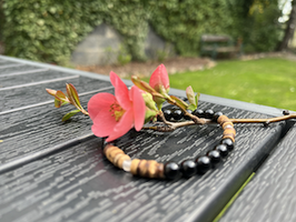 Schörl-Armband-Schwarzes Turmalin Armband mit Kokosperlen und Bergkristall